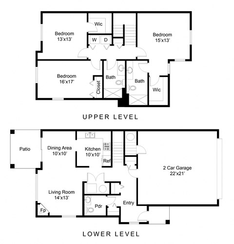 Floor plan for 3 beds, 2.5 baths, 1652 sqft